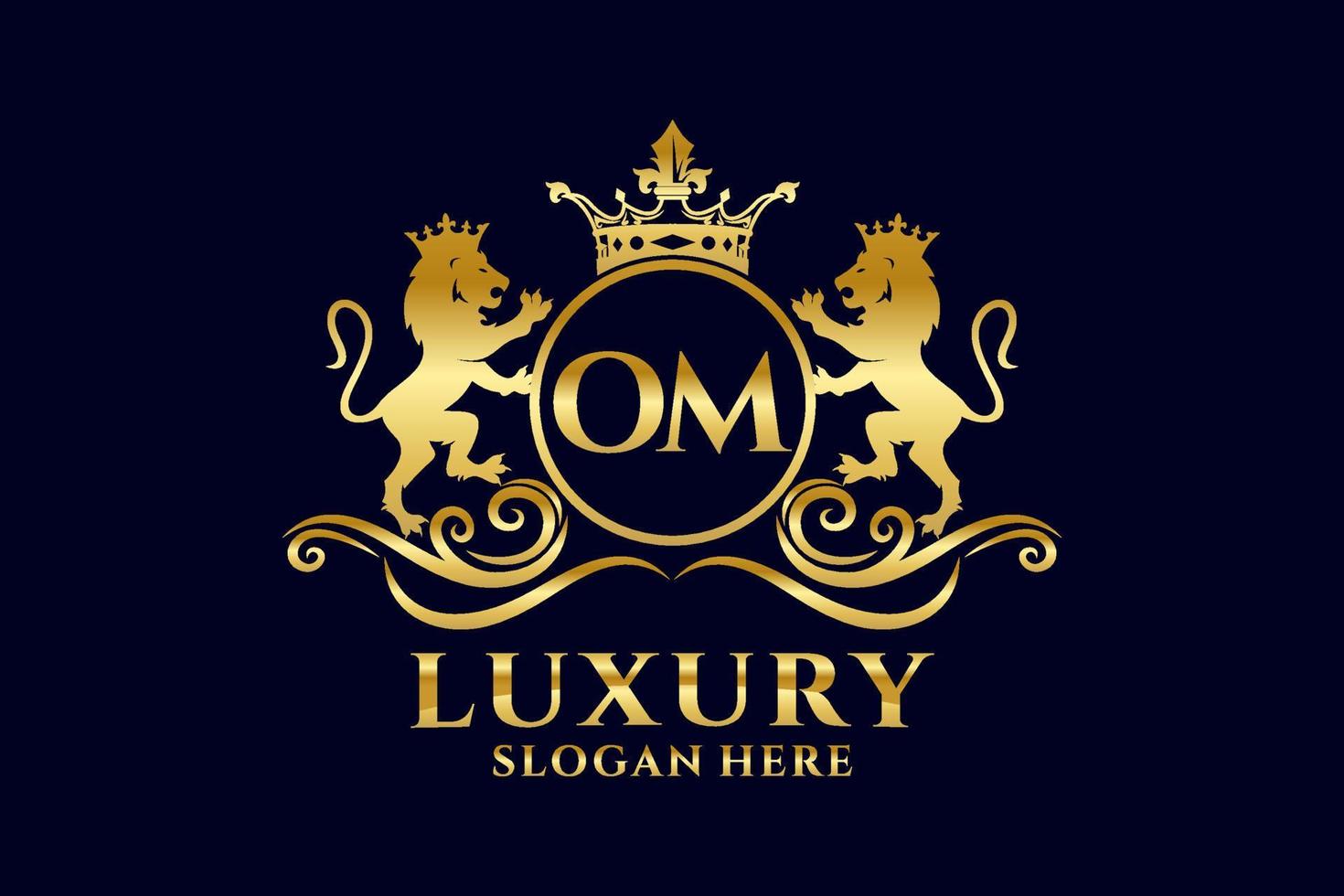 Initial OM Letter Lion Royal Luxury Logo template in vector art for luxurious branding projects and other vector illustration.