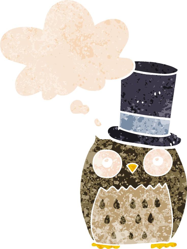 cartoon owl wearing top hat and thought bubble in retro textured style vector