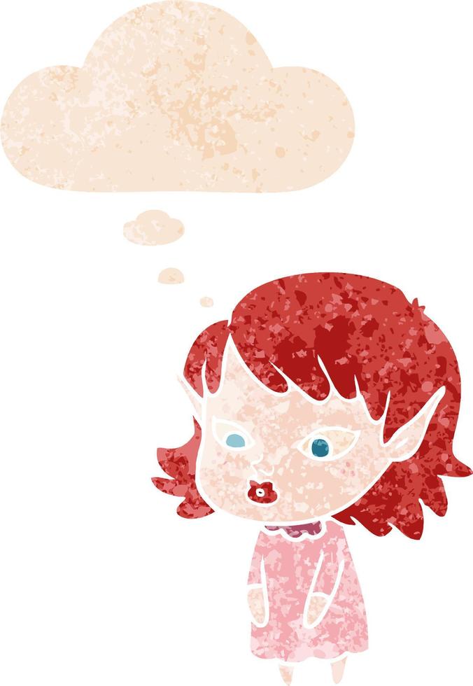cartoon elf girl with pointy ears and thought bubble in retro textured style vector