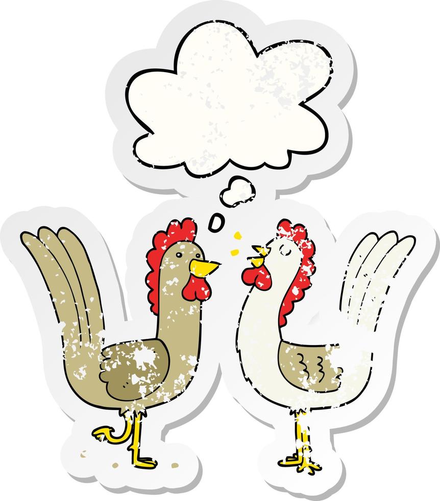 cartoon chickens and thought bubble as a distressed worn sticker vector