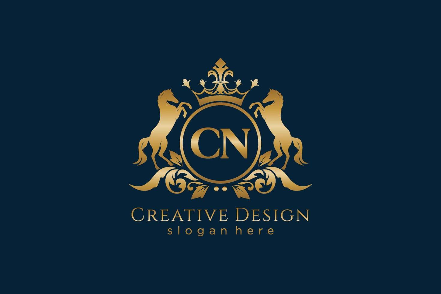 initial CN Retro golden crest with circle and two horses, badge template with scrolls and royal crown - perfect for luxurious branding projects vector