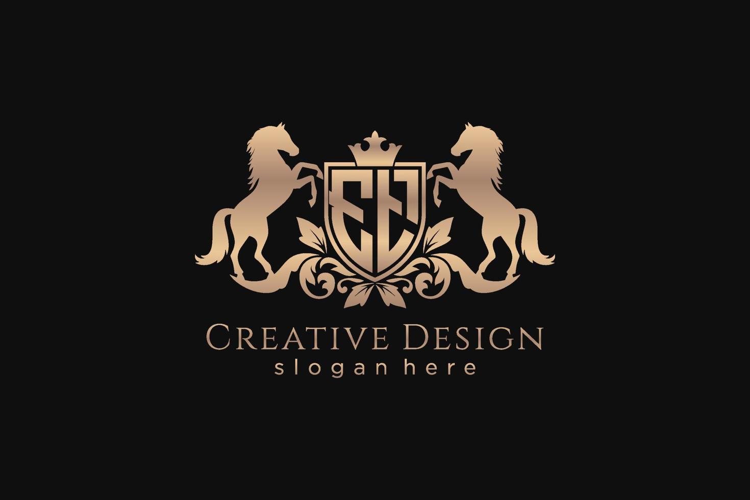 initial ET Retro golden crest with shield and two horses, badge template with scrolls and royal crown - perfect for luxurious branding projects vector