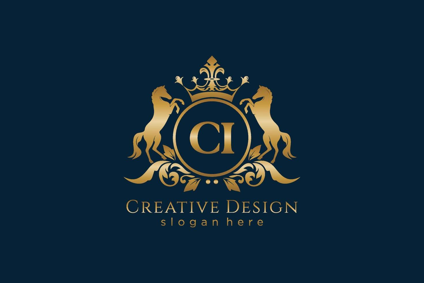 initial CI Retro golden crest with circle and two horses, badge template with scrolls and royal crown - perfect for luxurious branding projects vector