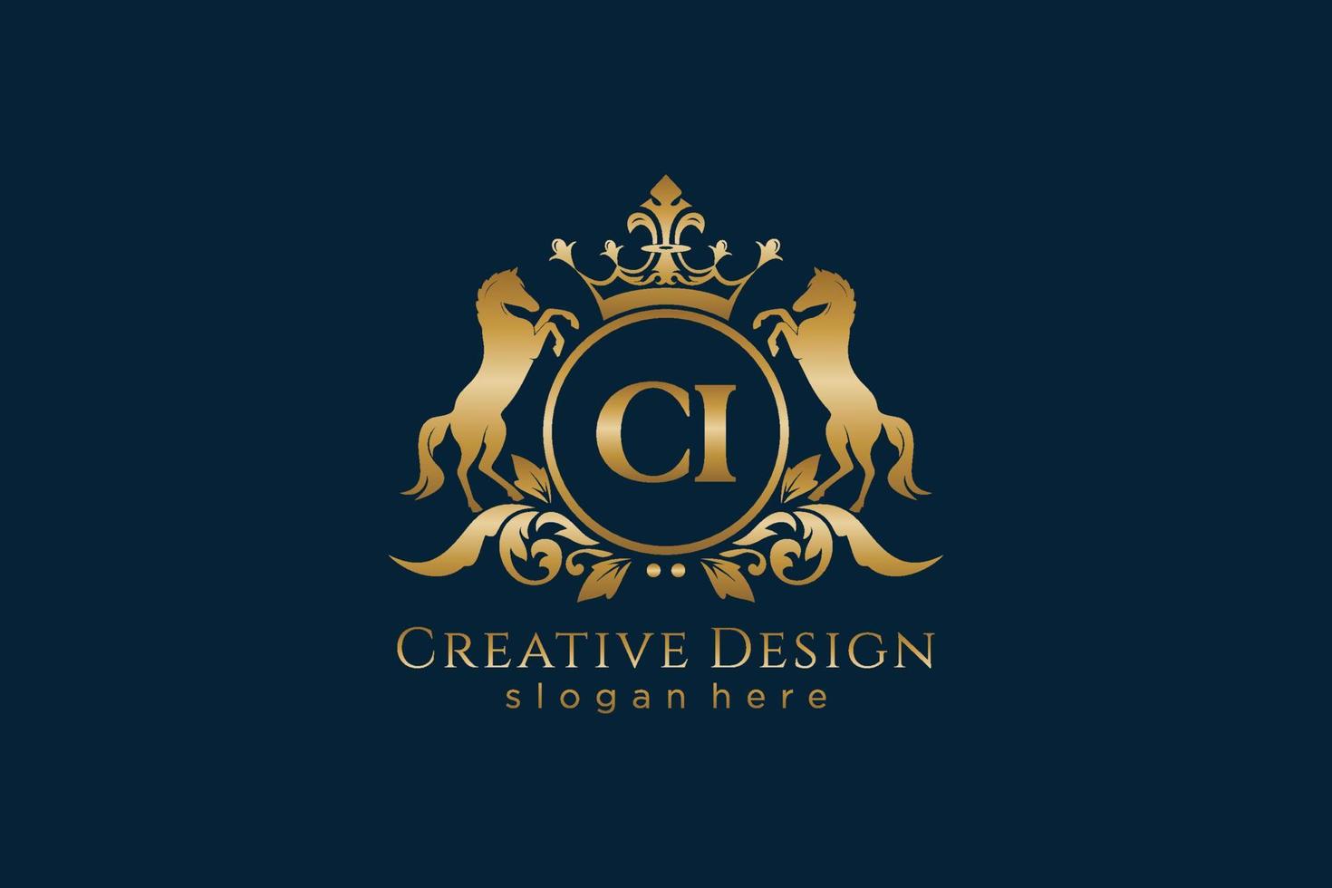 initial CI Retro golden crest with circle and two horses, badge template with scrolls and royal crown - perfect for luxurious branding projects vector