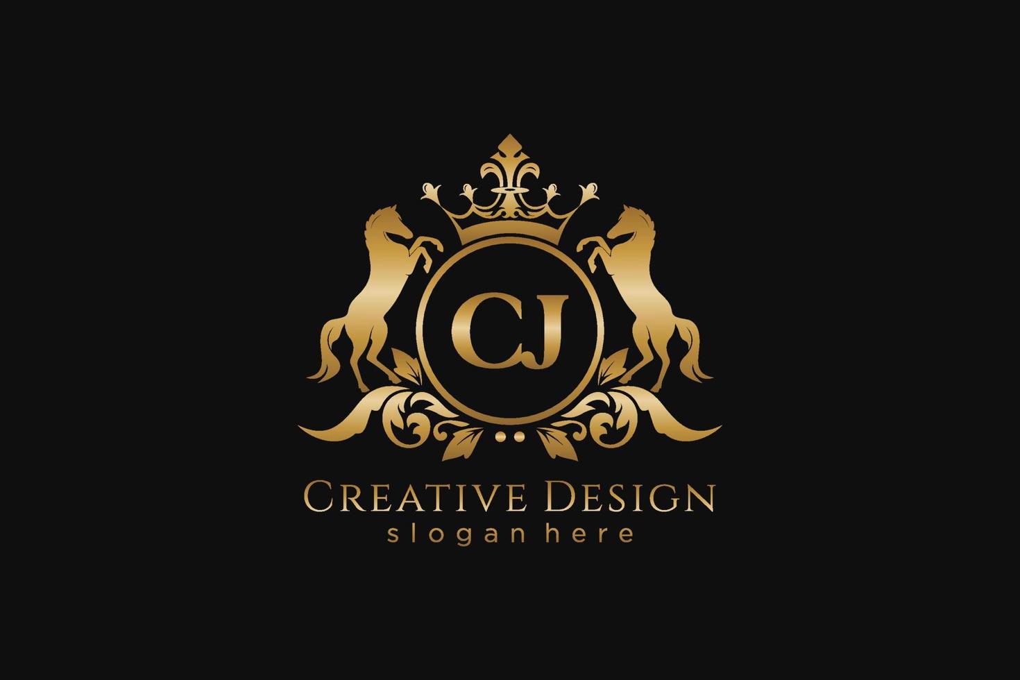 initial CJ Retro golden crest with circle and two horses, badge template with scrolls and royal crown - perfect for luxurious branding projects vector