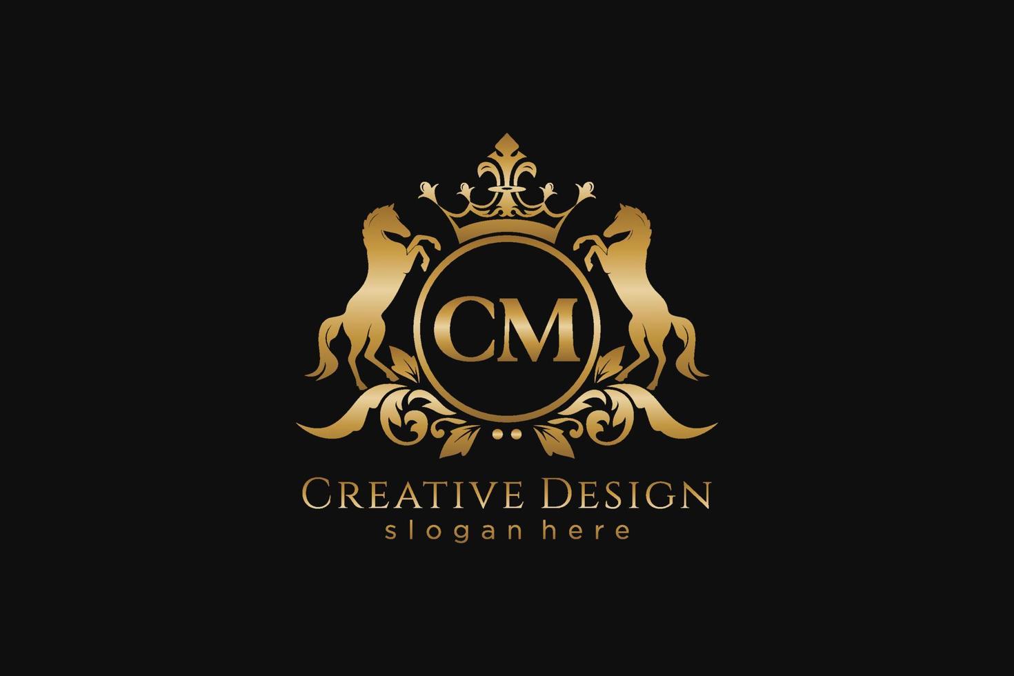 initial CM Retro golden crest with circle and two horses, badge template with scrolls and royal crown - perfect for luxurious branding projects vector
