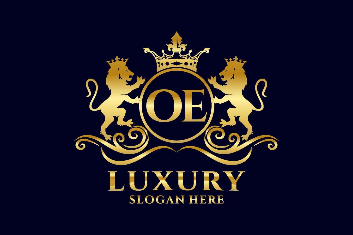 Initial OE Letter Lion Royal Luxury Logo template in vector art for luxurious branding projects and other vector illustration.