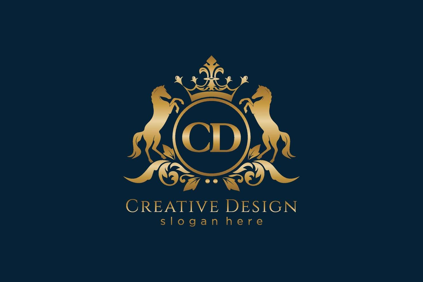 initial CD Retro golden crest with circle and two horses, badge template with scrolls and royal crown - perfect for luxurious branding projects vector