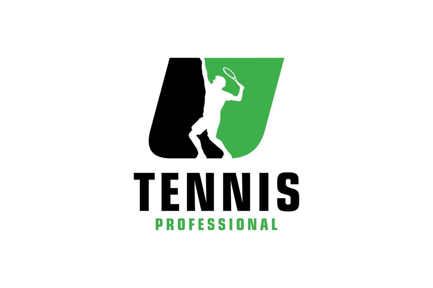 letra u con diseño de logotipo de silueta de jugador de tenis. elementos de plantilla de diseño vectorial para equipo deportivo o identidad corporativa. vector