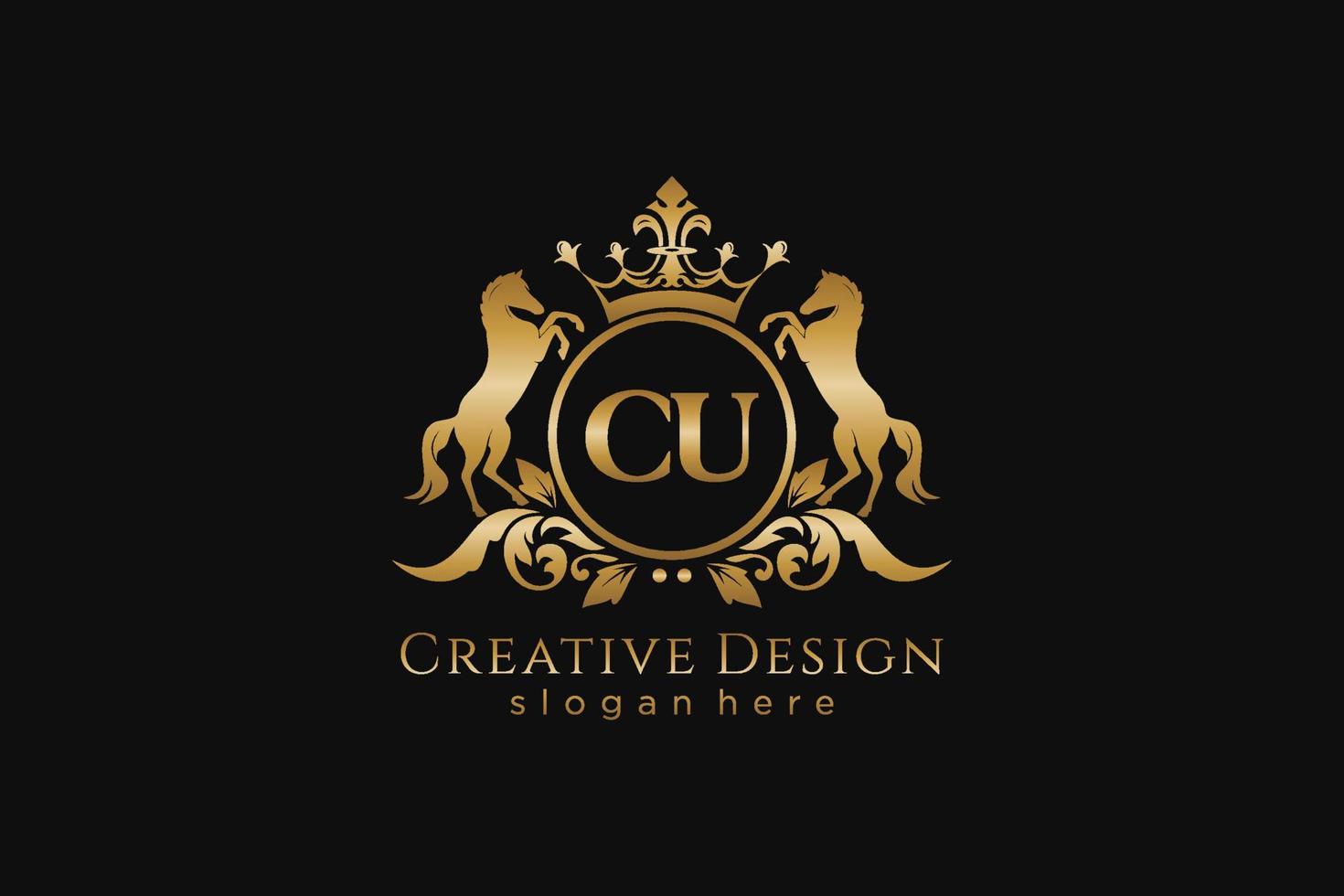 initial CU Retro golden crest with circle and two horses, badge template with scrolls and royal crown - perfect for luxurious branding projects vector