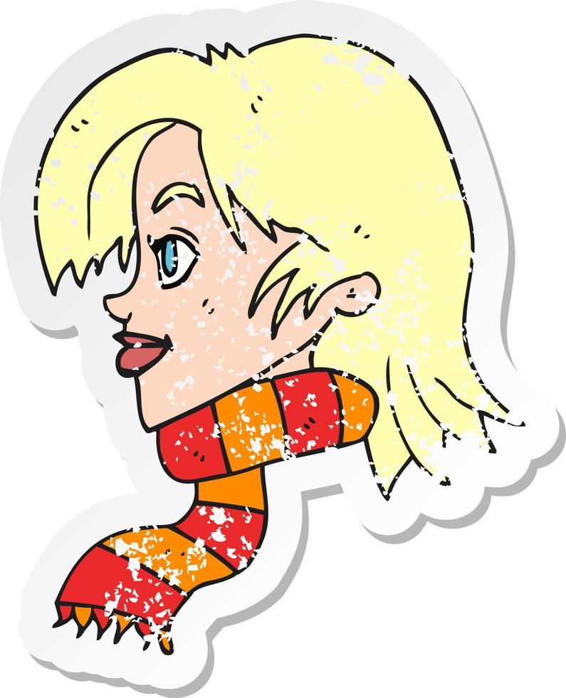 retro distressed sticker of a cartoon woman wearing scarf vector