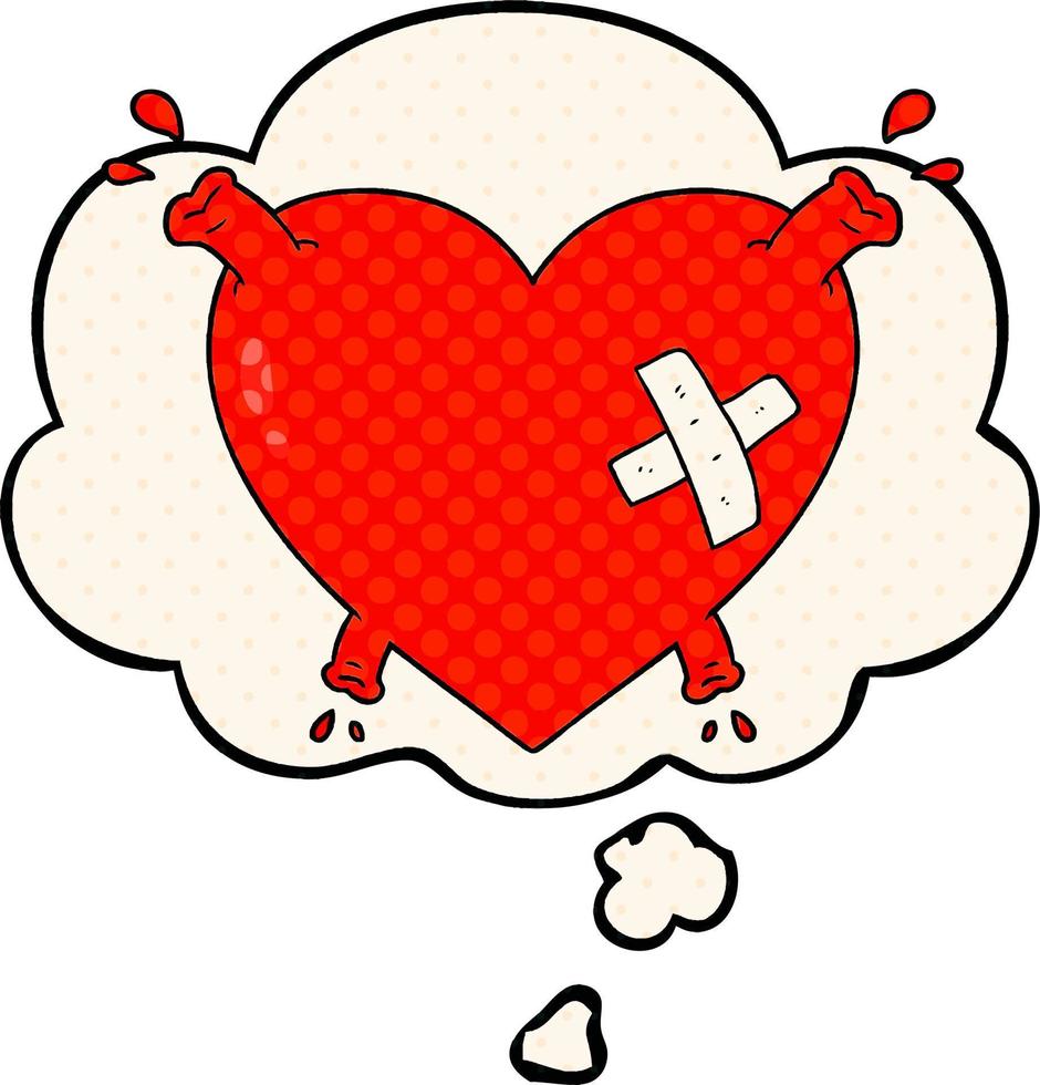 cartoon heart squirting blood and thought bubble in comic book style vector