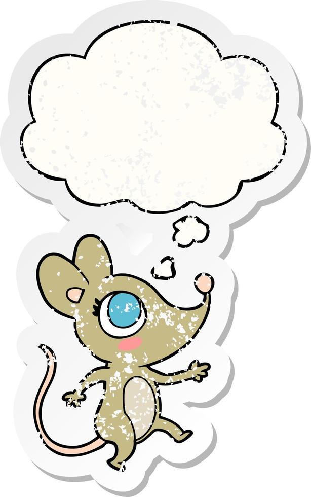 cartoon mouse and thought bubble as a distressed worn sticker vector