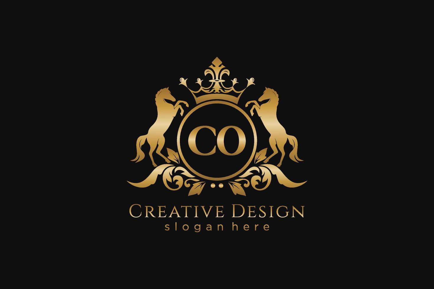 initial CO Retro golden crest with circle and two horses, badge template with scrolls and royal crown - perfect for luxurious branding projects vector