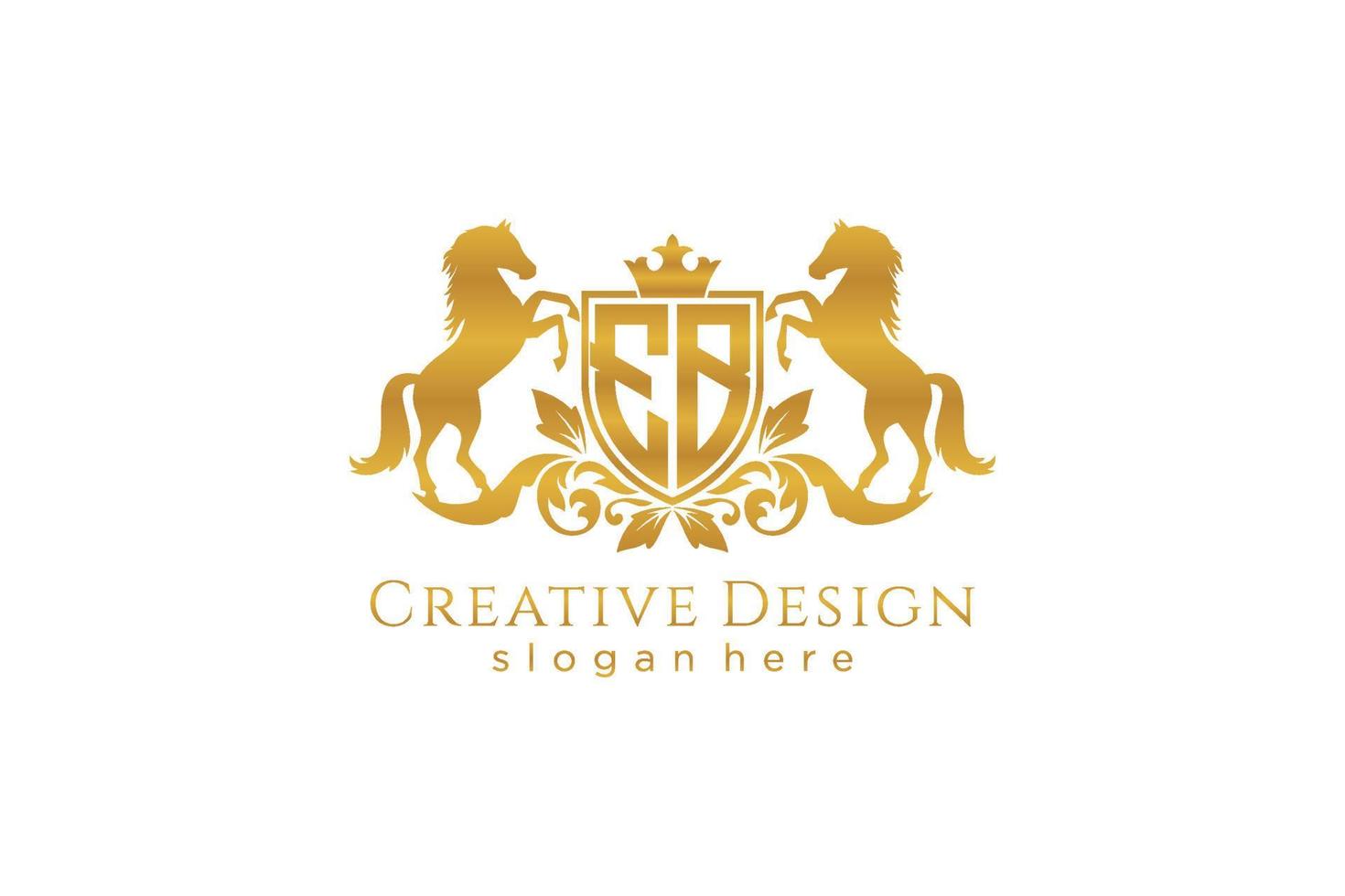 initial EB Retro golden crest with shield and two horses, badge template with scrolls and royal crown - perfect for luxurious branding projects vector