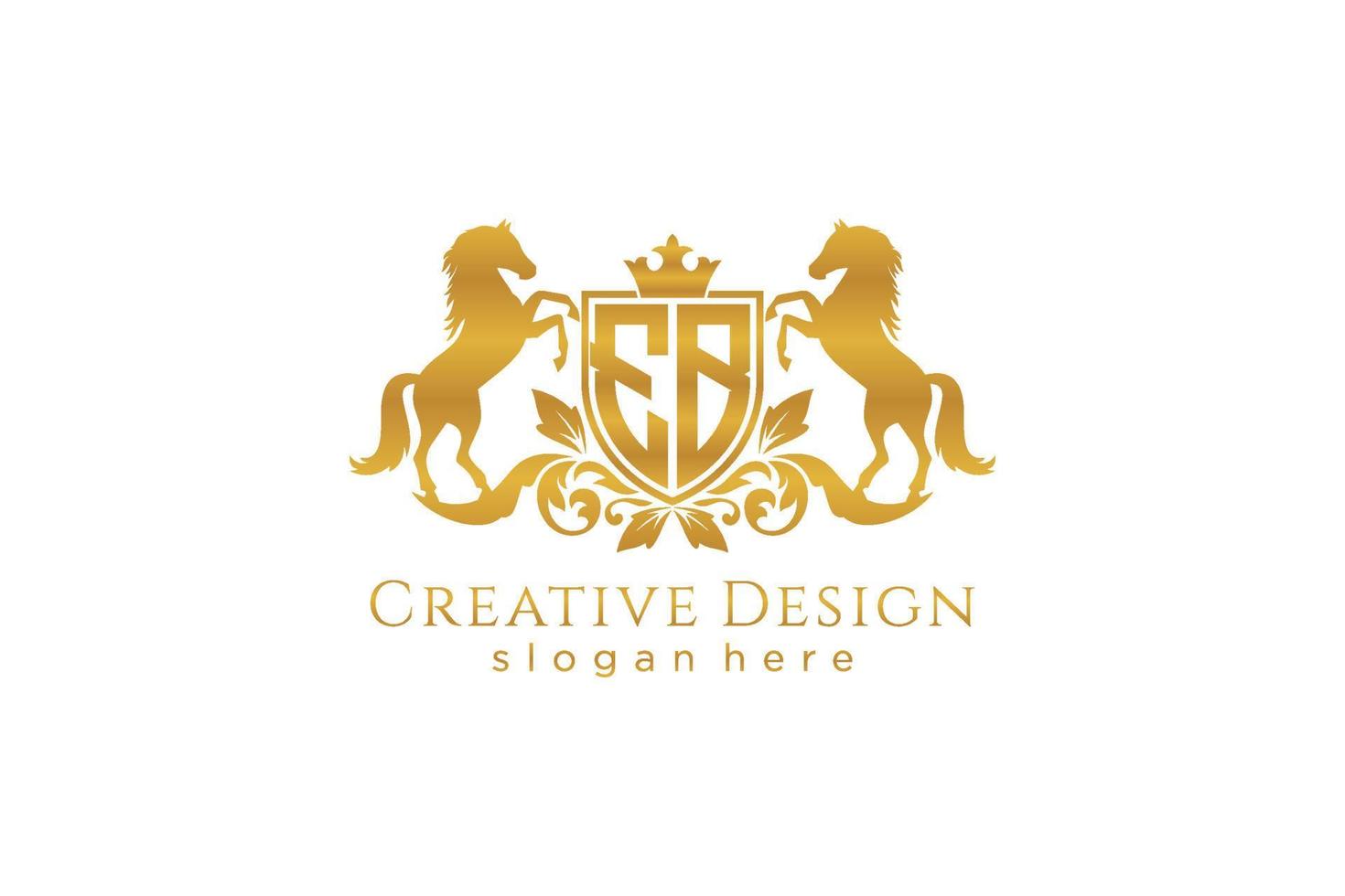 initial EB Retro golden crest with shield and two horses, badge template with scrolls and royal crown - perfect for luxurious branding projects vector