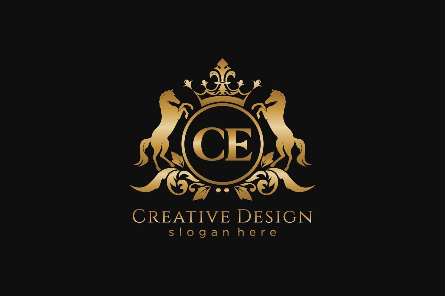 initial CE Retro golden crest with circle and two horses, badge template with scrolls and royal crown - perfect for luxurious branding projects vector