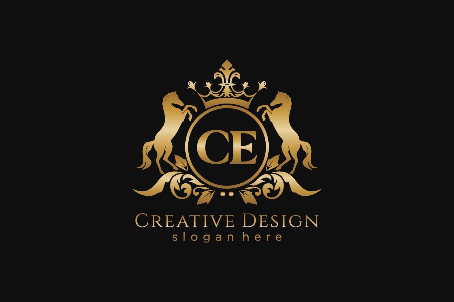 initial CE Retro golden crest with circle and two horses, badge template with scrolls and royal crown - perfect for luxurious branding projects vector