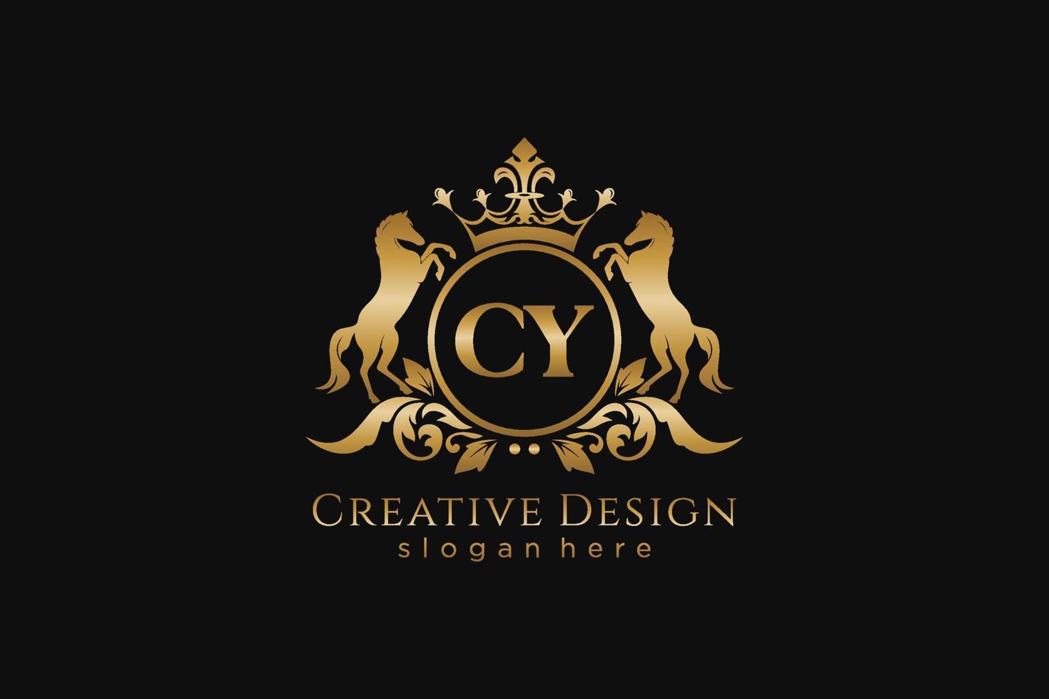 initial CY Retro golden crest with circle and two horses, badge template with scrolls and royal crown - perfect for luxurious branding projects vector