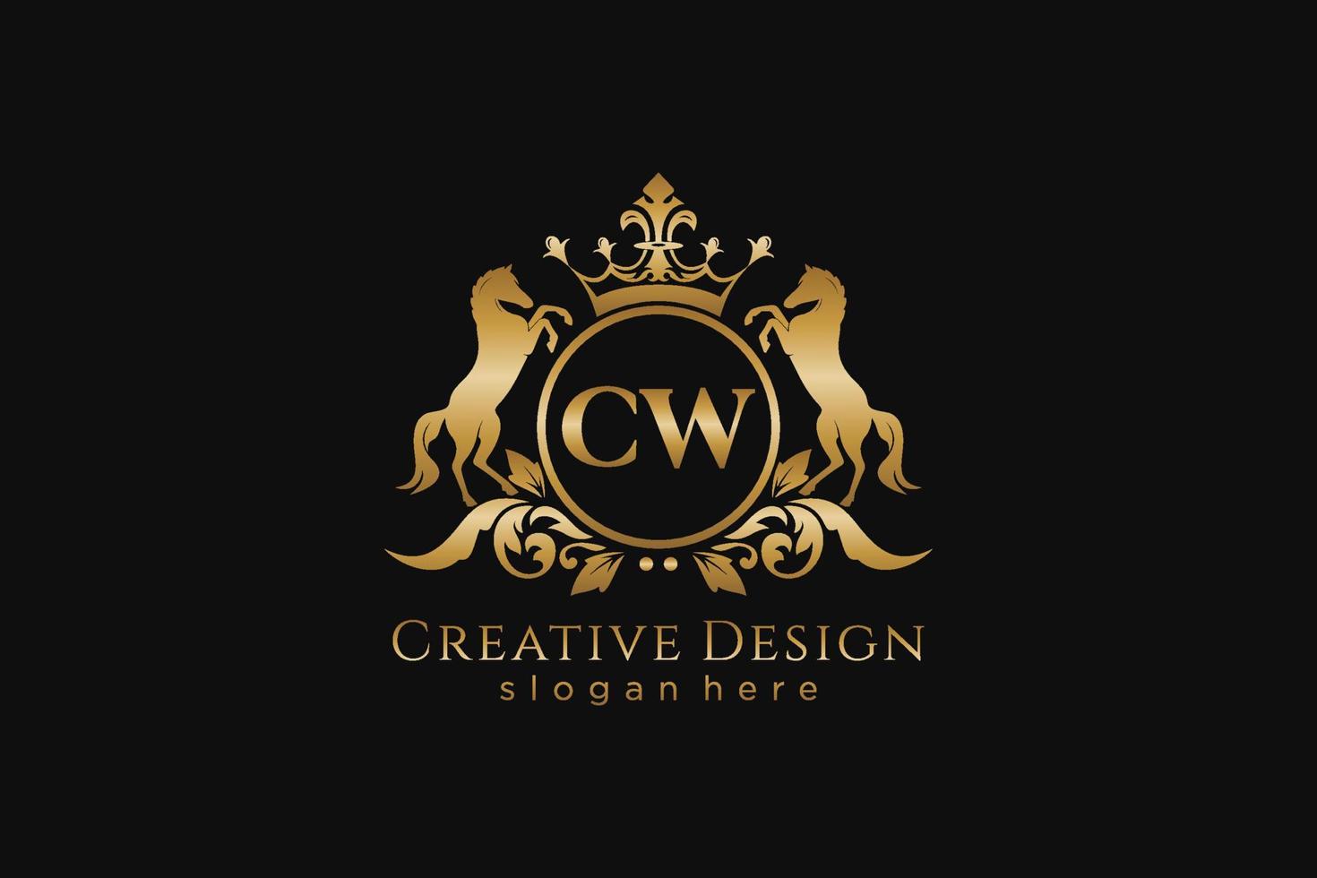 initial CW Retro golden crest with circle and two horses, badge template with scrolls and royal crown - perfect for luxurious branding projects vector