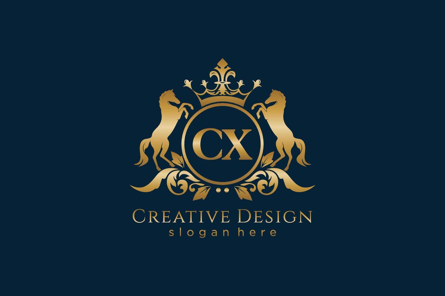 cresta de oro retro cx inicial con círculo y dos caballos, plantilla de insignia con pergaminos y corona real - perfecto para proyectos de marca de lujo vector