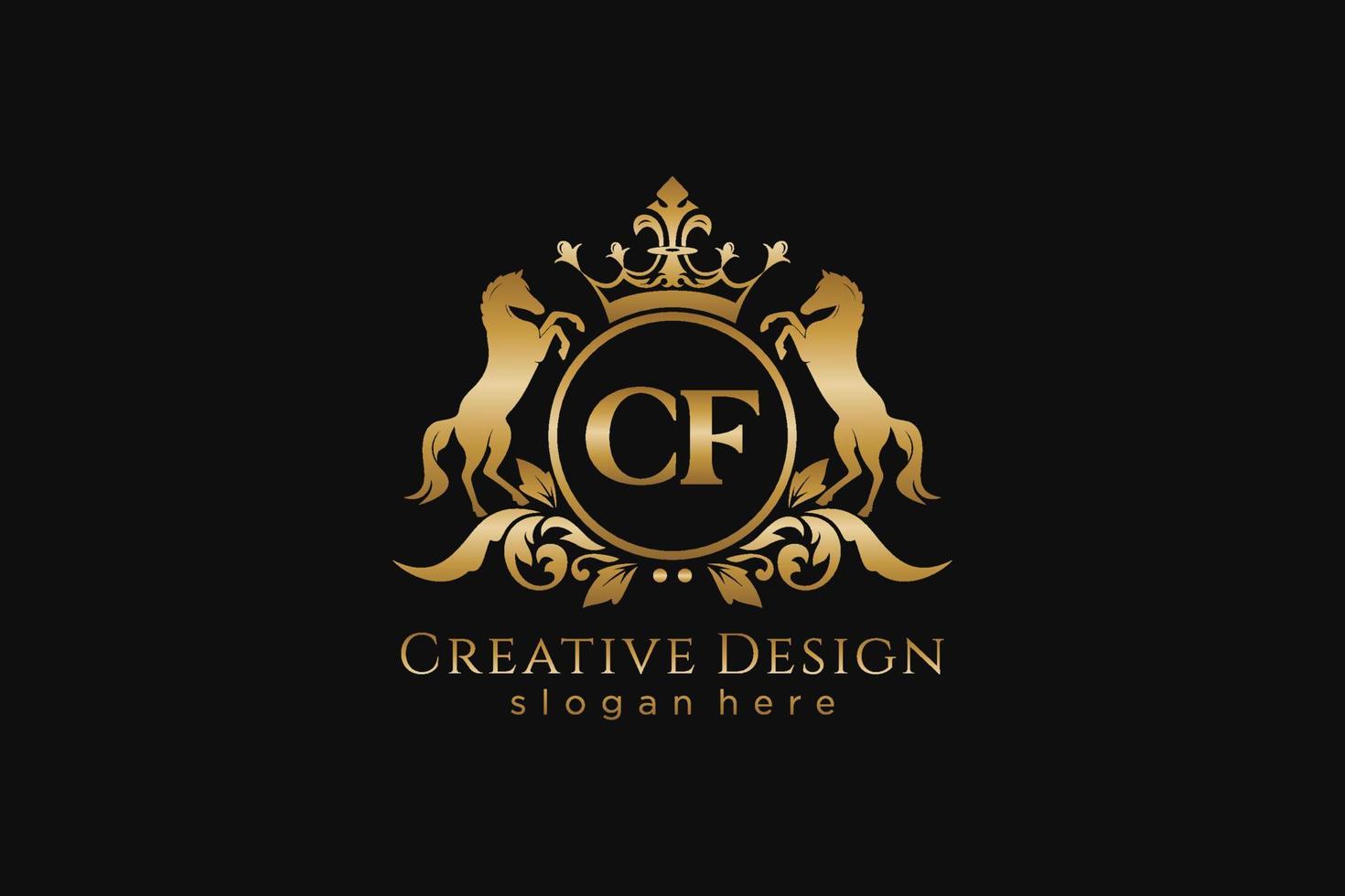initial CF Retro golden crest with circle and two horses, badge template with scrolls and royal crown - perfect for luxurious branding projects vector