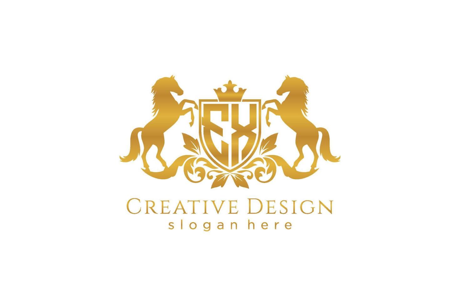 initial EX Retro golden crest with shield and two horses, badge template with scrolls and royal crown - perfect for luxurious branding projects vector