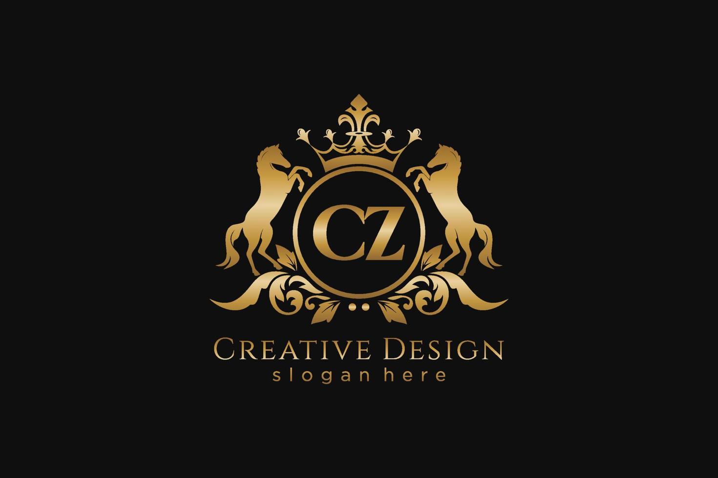 initial CZ Retro golden crest with circle and two horses, badge template with scrolls and royal crown - perfect for luxurious branding projects vector