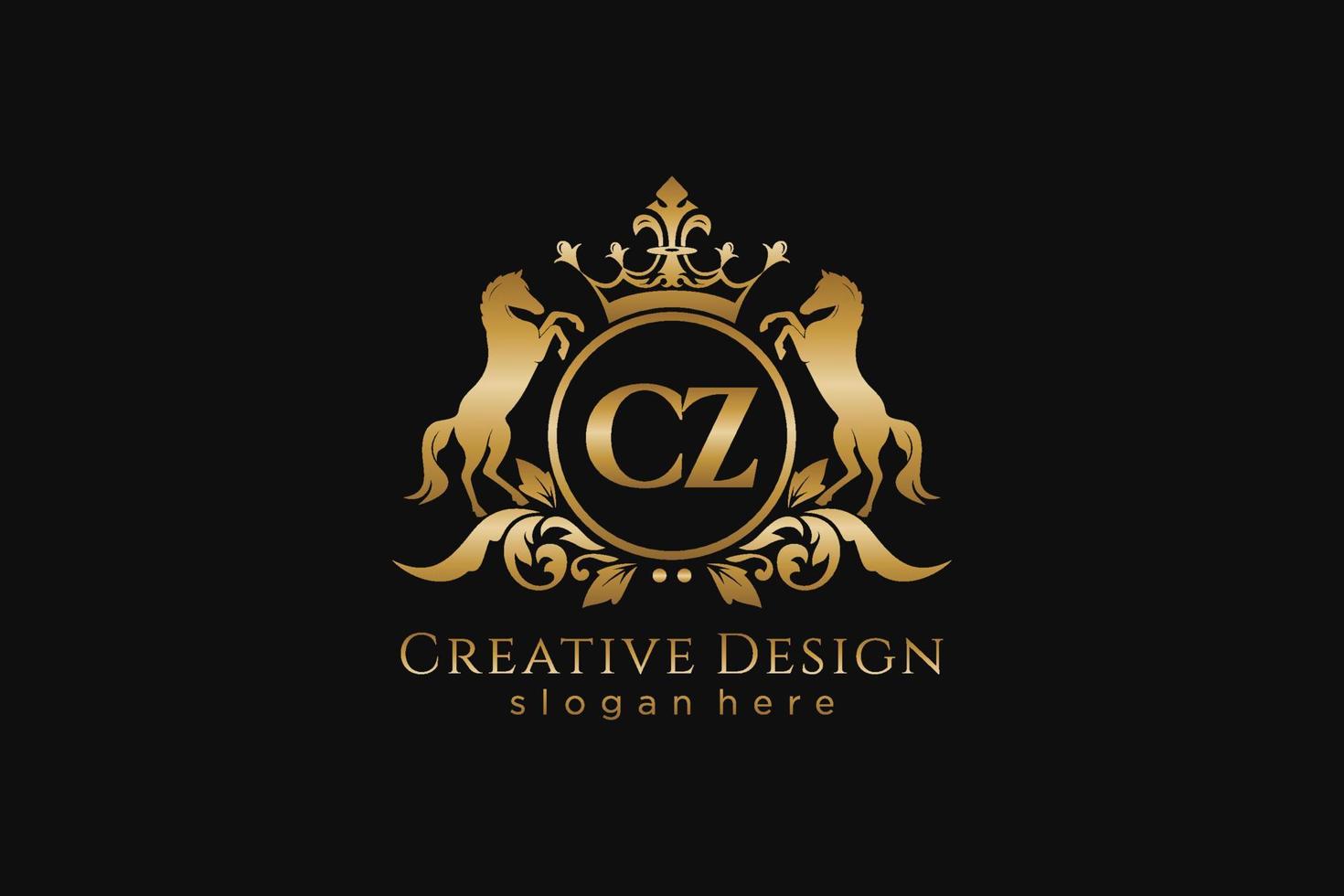 initial CZ Retro golden crest with circle and two horses, badge template with scrolls and royal crown - perfect for luxurious branding projects vector