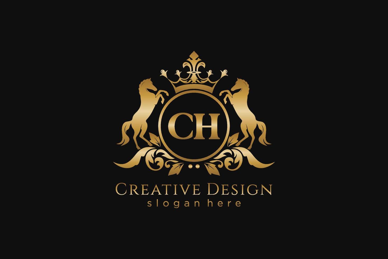 initial CH Retro golden crest with circle and two horses, badge template with scrolls and royal crown - perfect for luxurious branding projects vector