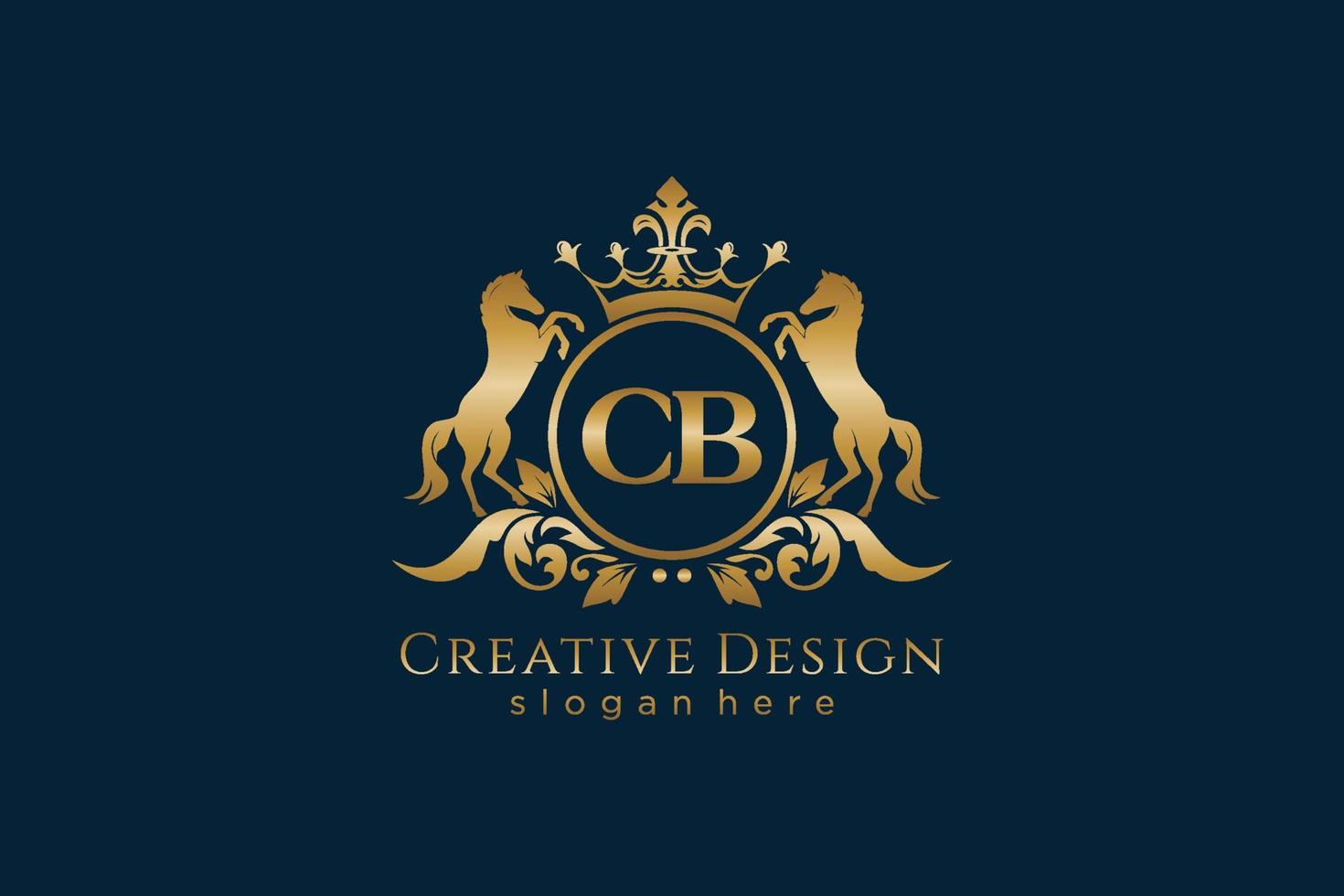 initial CB Retro golden crest with circle and two horses, badge template with scrolls and royal crown - perfect for luxurious branding projects vector