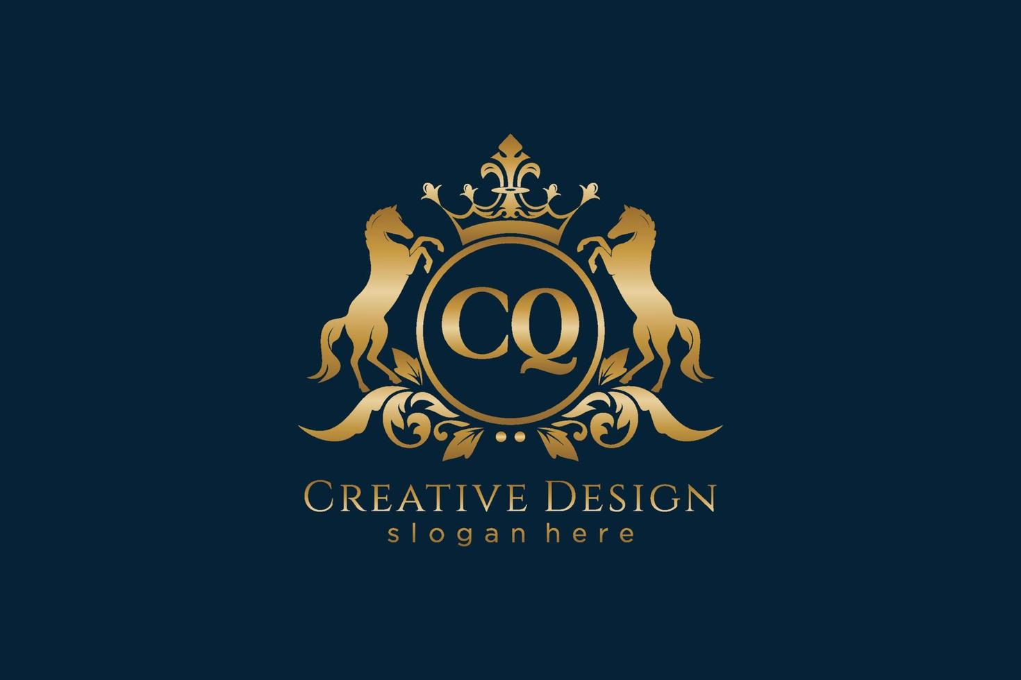initial CQ Retro golden crest with circle and two horses, badge template with scrolls and royal crown - perfect for luxurious branding projects vector