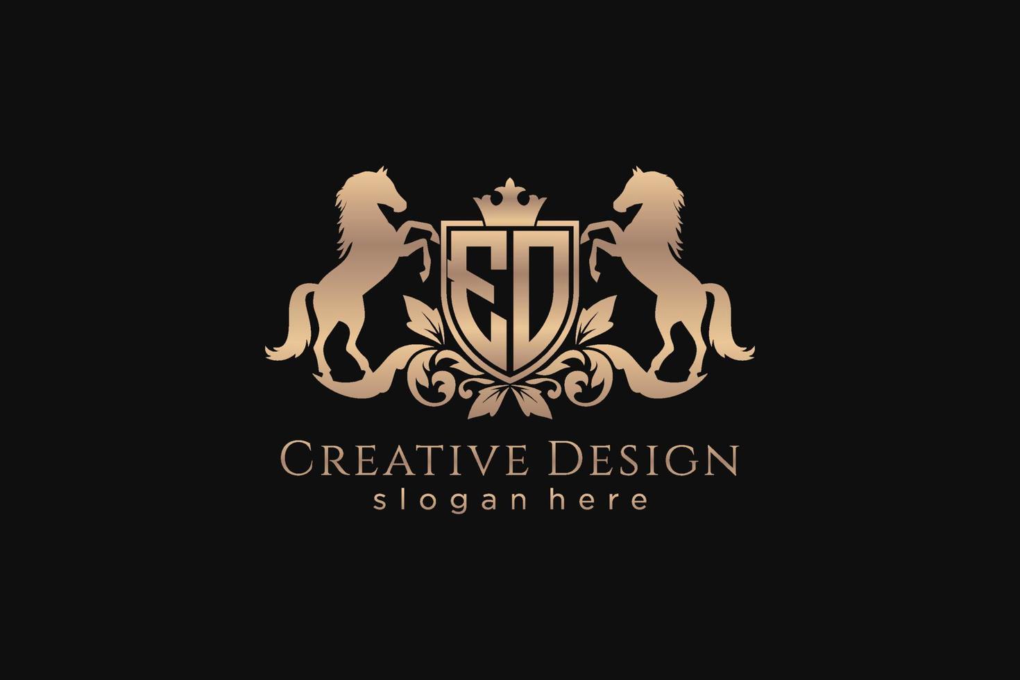 initial EO Retro golden crest with shield and two horses, badge template with scrolls and royal crown - perfect for luxurious branding projects vector