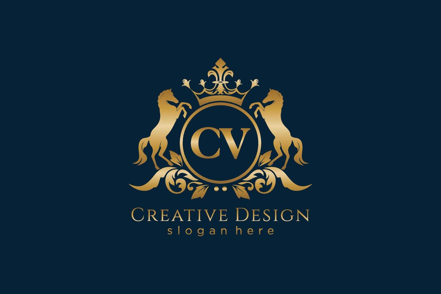 initial CV Retro golden crest with circle and two horses, badge template with scrolls and royal crown - perfect for luxurious branding projects vector