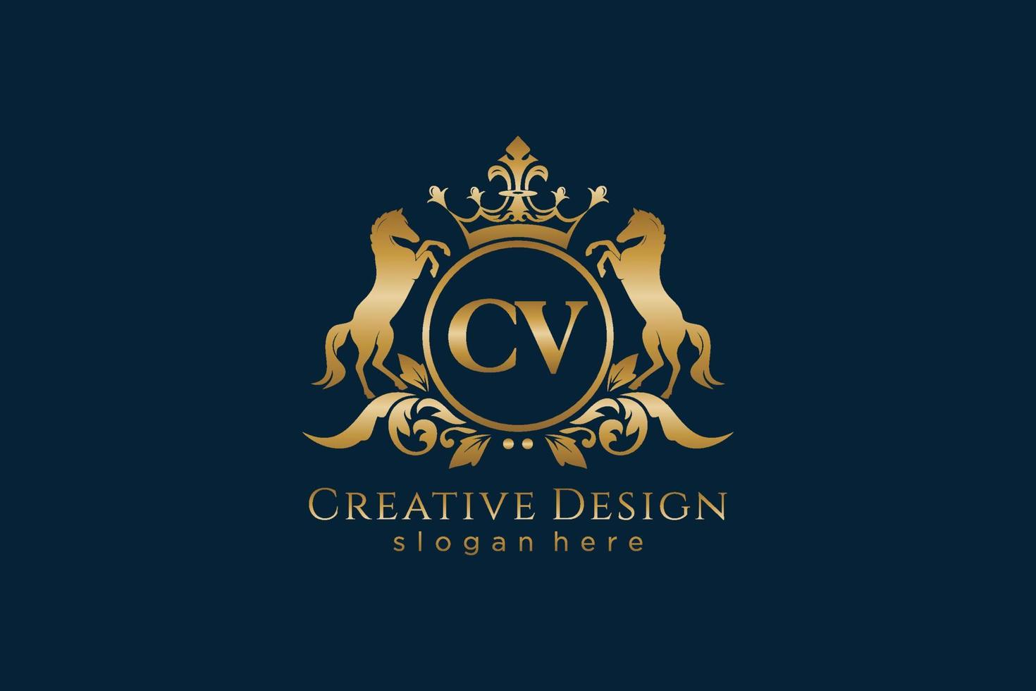 cresta de oro retro cv inicial con círculo y dos caballos, plantilla de insignia con pergaminos y corona real - perfecto para proyectos de marca de lujo vector