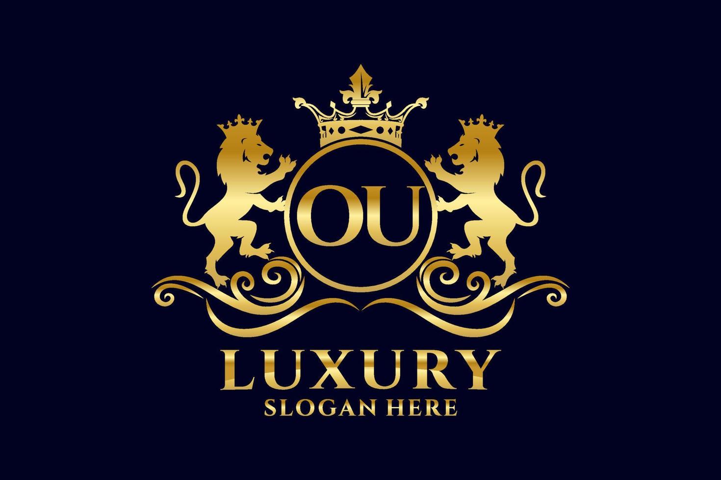 Initial OU Letter Lion Royal Luxury Logo template in vector art for luxurious branding projects and other vector illustration.