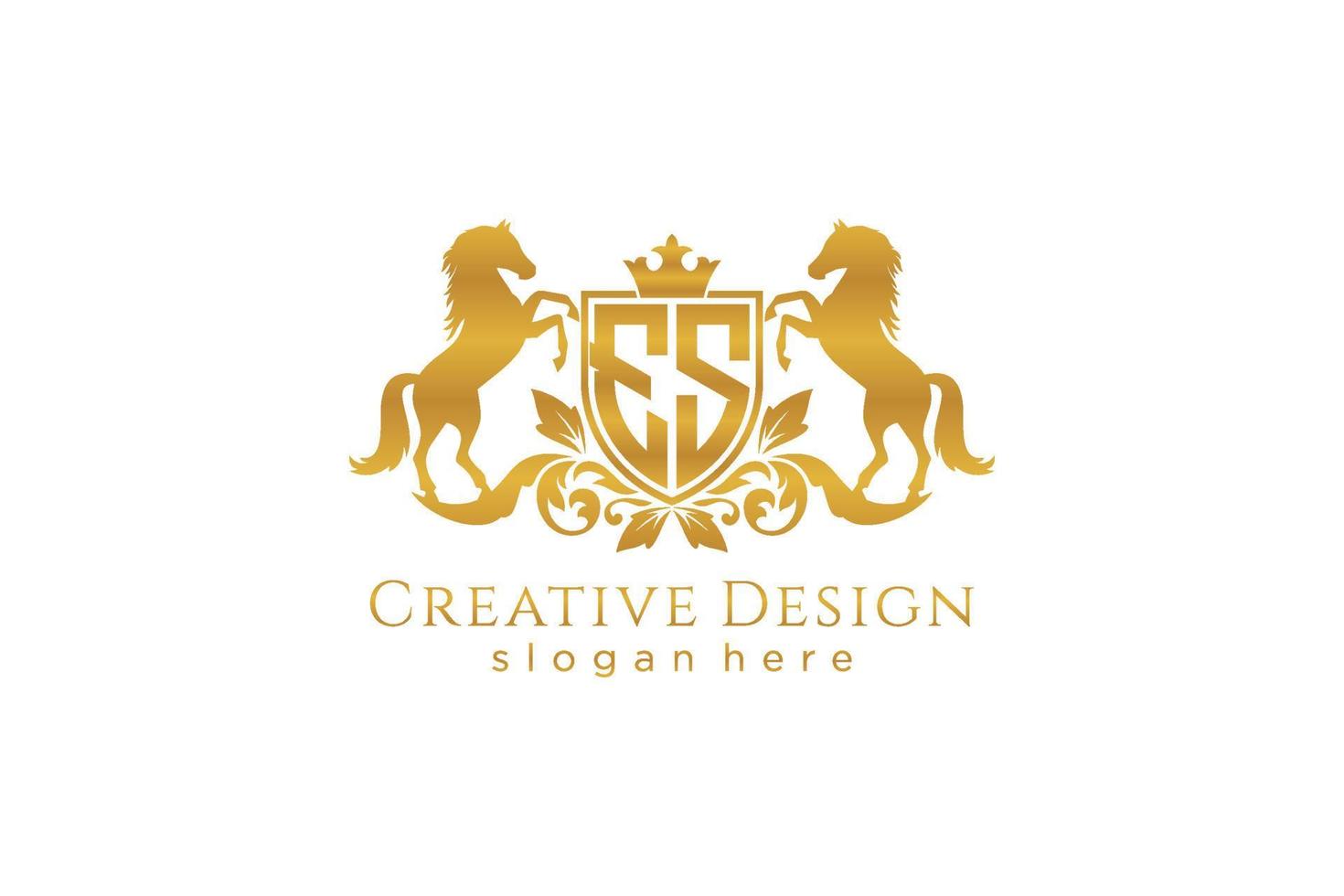 initial ES Retro golden crest with shield and two horses, badge template with scrolls and royal crown - perfect for luxurious branding projects vector