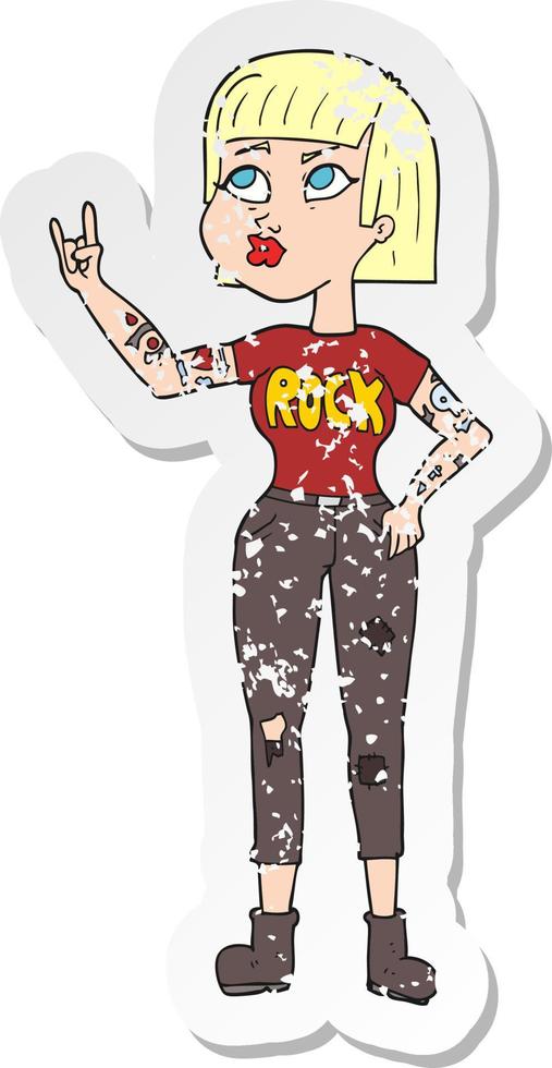 pegatina retro angustiada de una chica de rock de dibujos animados vector