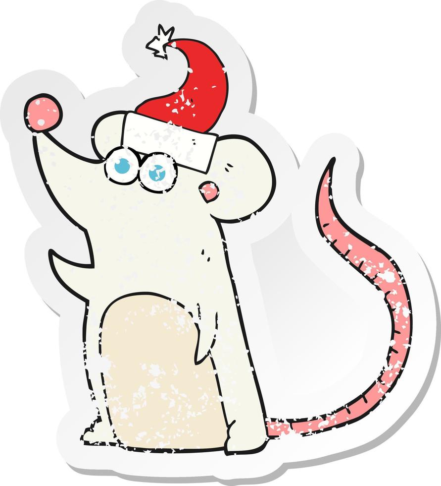 pegatina retro angustiada de un ratón de dibujos animados con sombrero de navidad vector