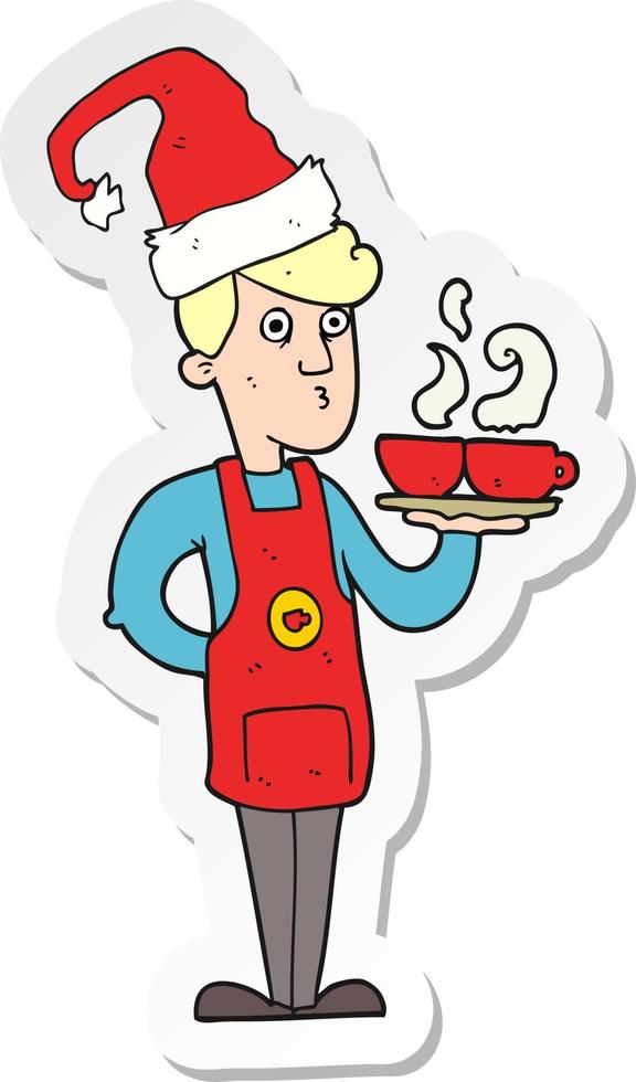sticker of a cartoon barista serving coffee at christmas vector