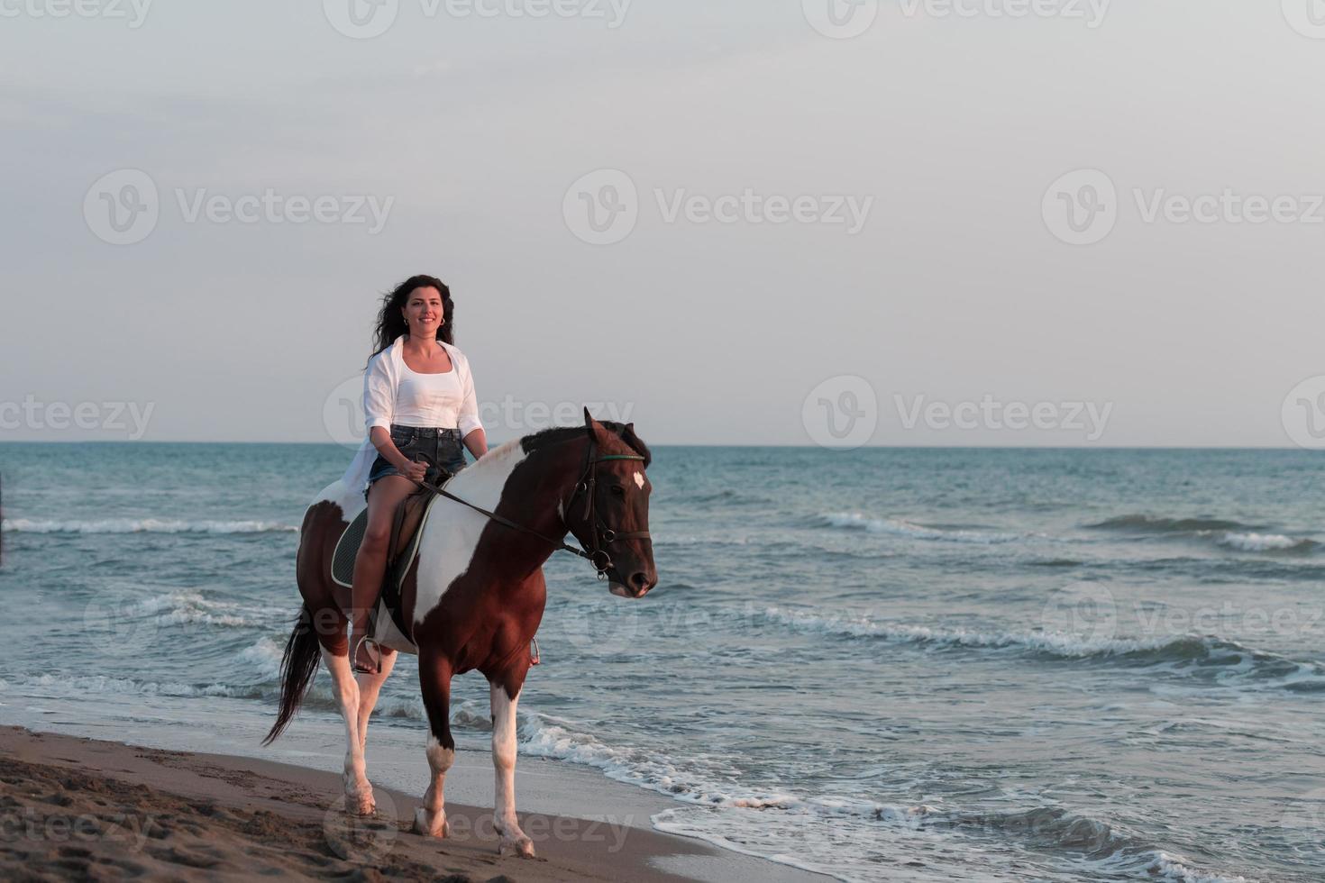 Woman in summer clothes enjoys riding a horse on a beautiful sandy beach at sunset. Selective focus photo