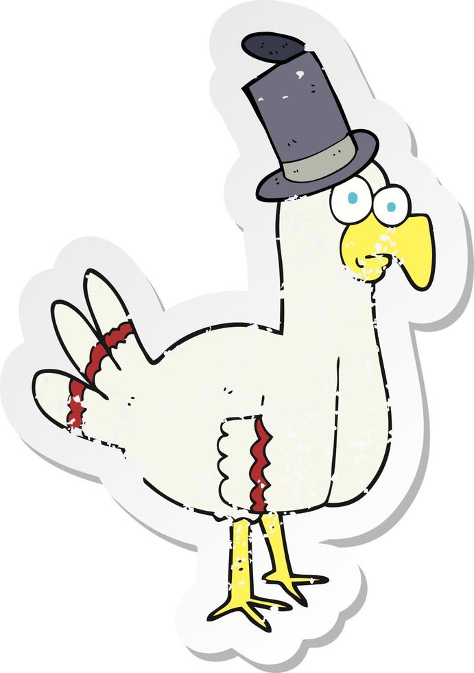 retro distressed sticker of a cartoon bird wearing top hat vector