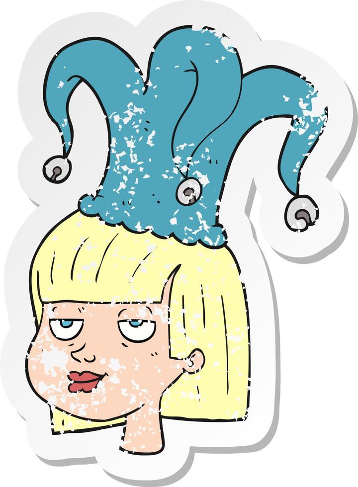 retro distressed sticker of a cartoon woman wearing jester hat vector