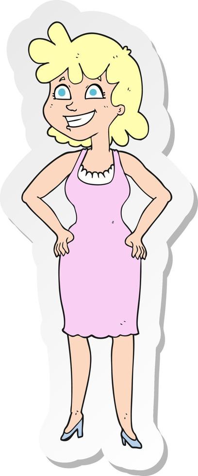 pegatina de una mujer feliz de dibujos animados con vestido vector