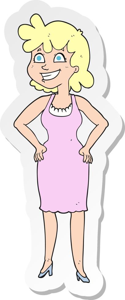 sticker of a cartoon happy woman wearing dress vector