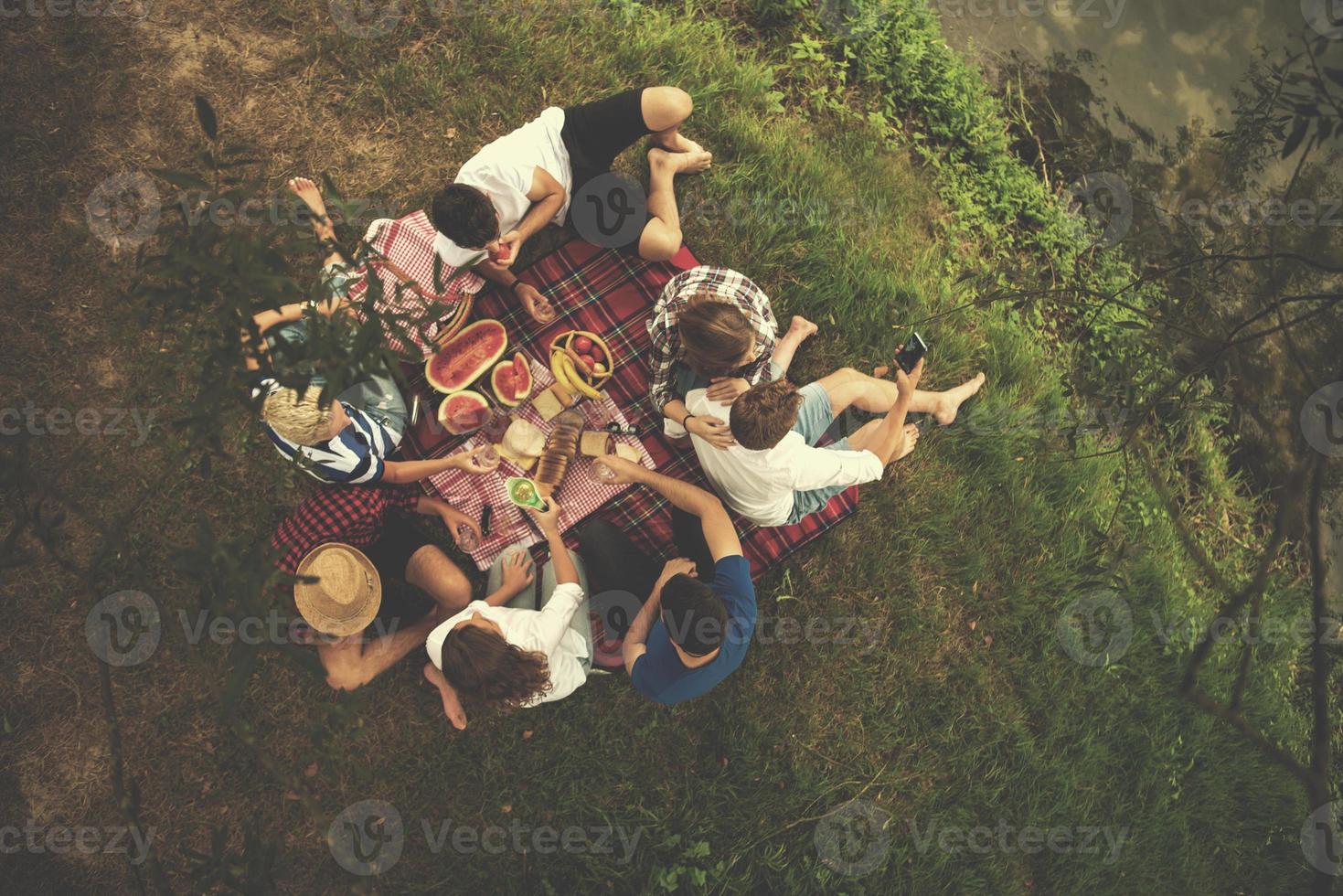 vista superior del grupo de amigos disfrutando del tiempo de picnic foto