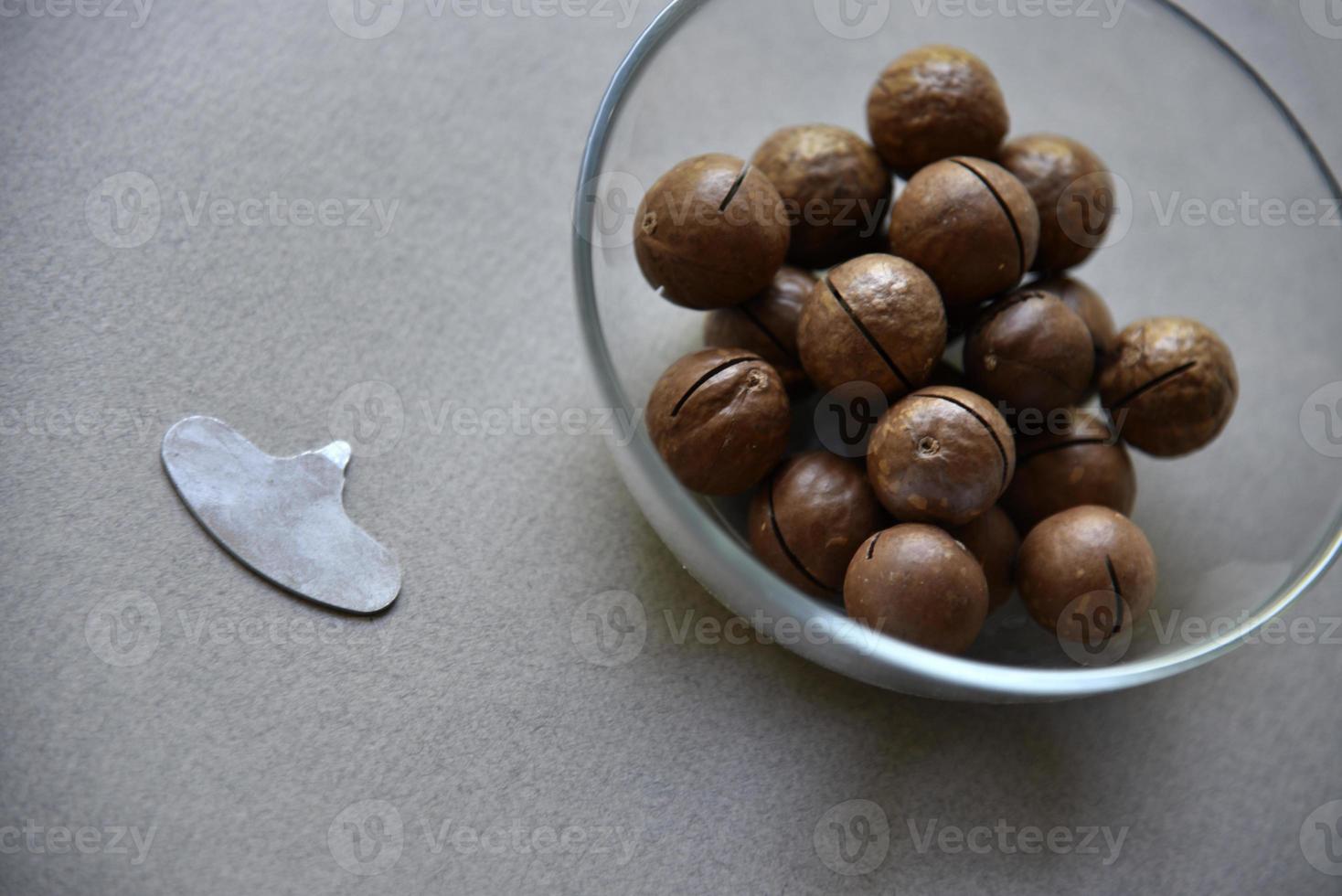 Macadamia nut in a dish with a bottle opener on a gray background. Macadamia nut prepared for use in a vase. Delicious breakfast of nuts. photo