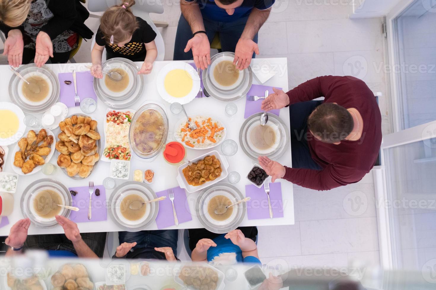 iftar dinner muslim family together during a ramadan feast at home top view photo