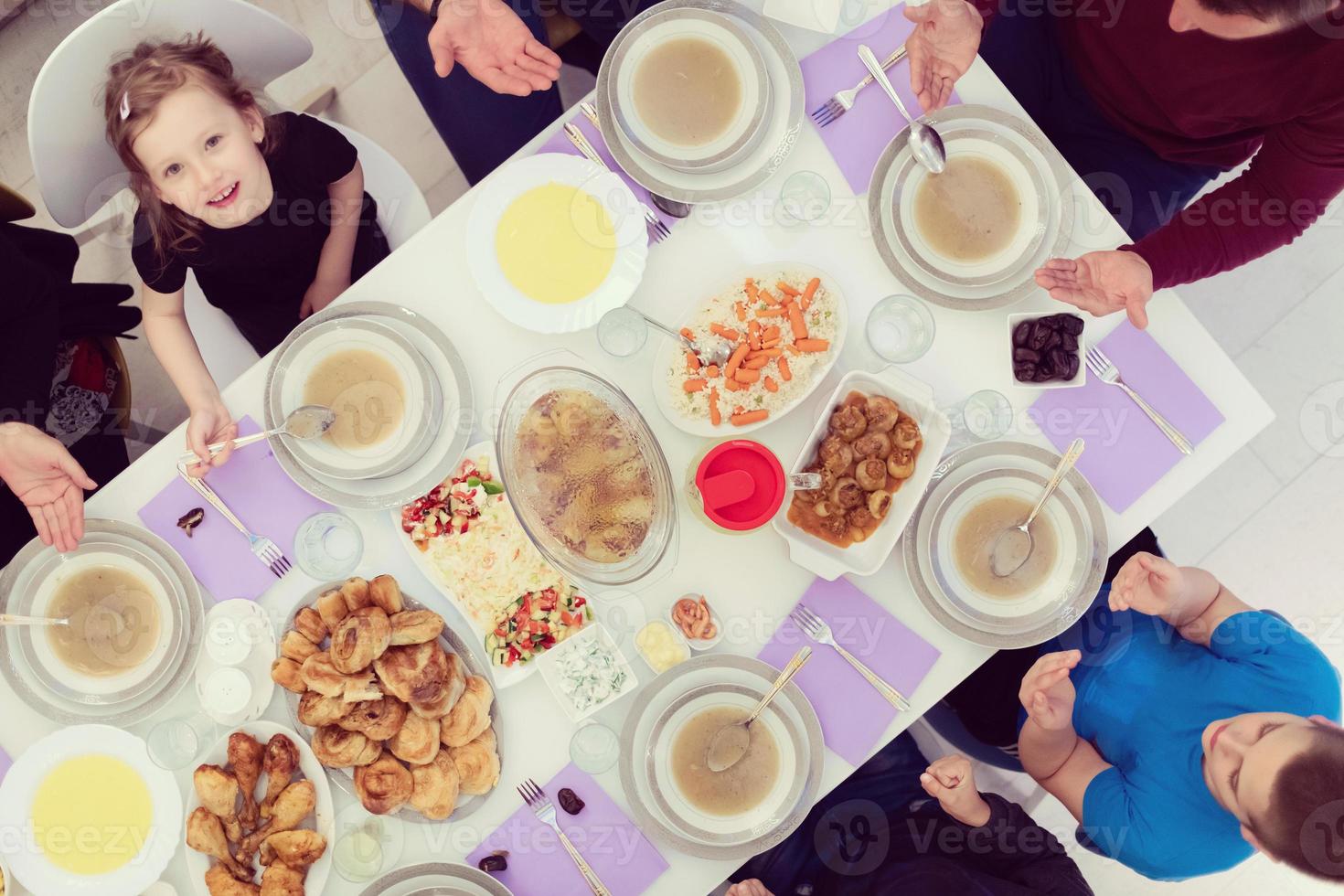 iftar dinner muslim family together during a ramadan feast at home top view photo