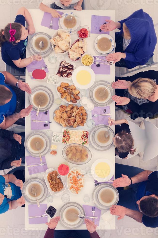 iftar dinner muslim family together during a ramadan feast at home top view photo